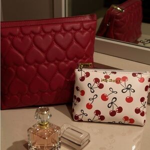 Betsey Johnson Cosmetic Pouch Set Heart Quilted & Cherry Print Makeup Bags NWT